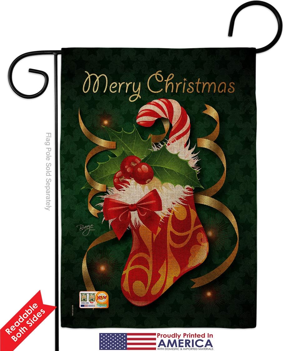 Xmas Stocking Burlap Garden Flag Wintertime Christmas Santa Marry Present Reindeer Season Snow Small Decorative Gift Yard House Banner Double-Sided Made In USA 13 X 18.5