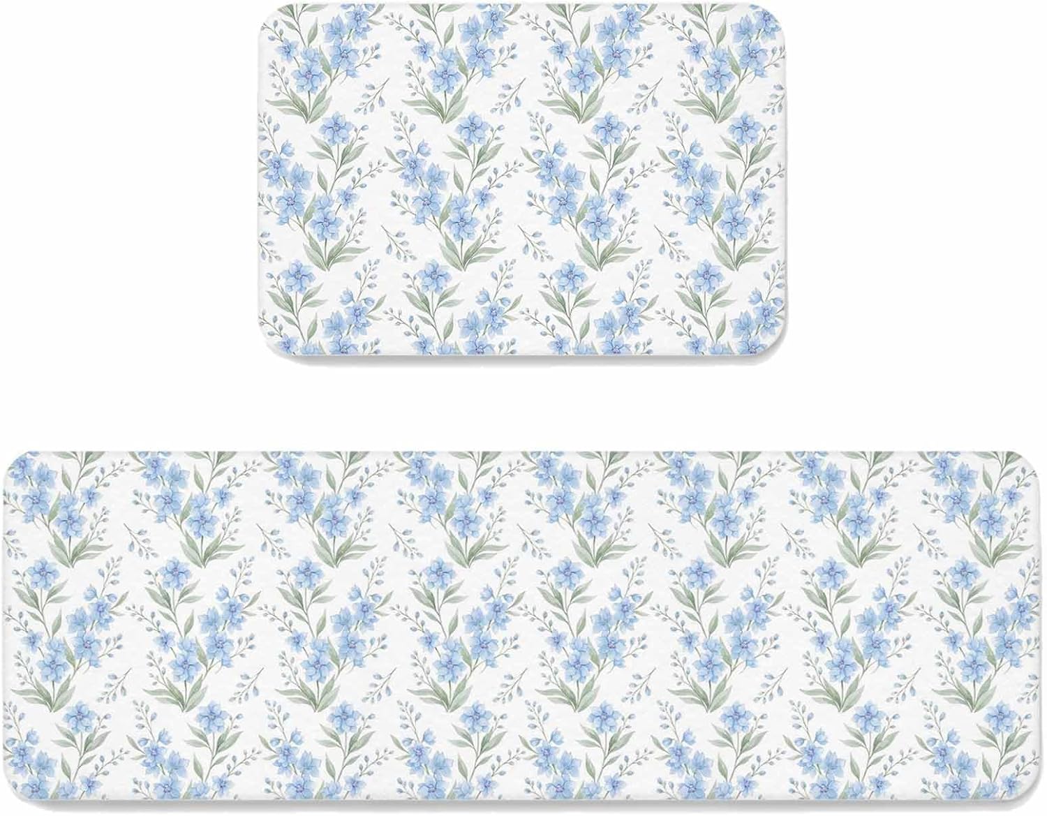 Prime Leader Summer Flower Kitchen Mat Set 2 Pieces Watercolor Blue Floral Plants Pastoral Rustic Country Non Slip Kitchen Rugs Washable Runner Rug Mats for Sink Laundry (15.7" x 23.6"+15.7" x 47.2")