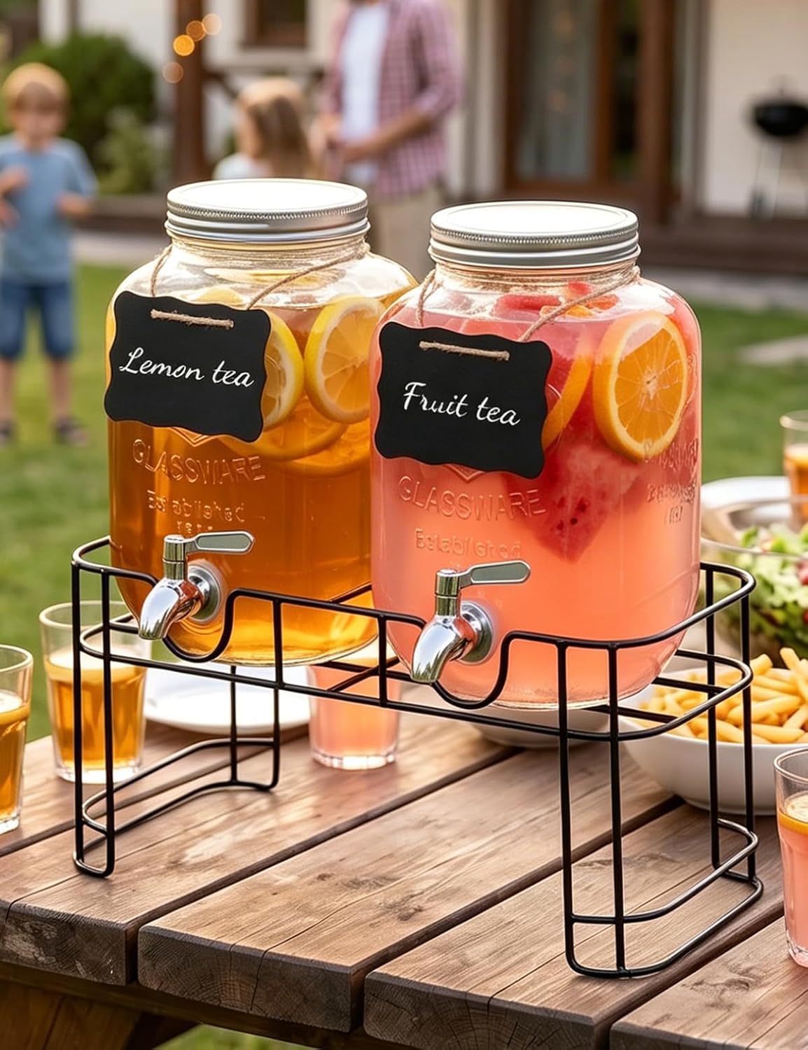Glass Drink Dispenser for Parties, 1 Gallon Beverage Dispenser with Stand & Stainless Steel Spigot, 2 Pack Lemonade Dispenser with Fruit Filter & stirring spoon, Juice Pitcher for BBQ Picnic Party