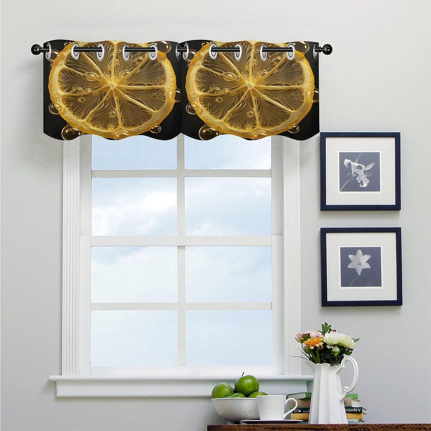 Lemon Art Slice Curtain 2 Panels, Polyester Fiber, Blackout Insulated Window Curtain, Curtain Valance for Kitchen Dining Room Living Room Cafe Small Window 52 * 18.1 Inches