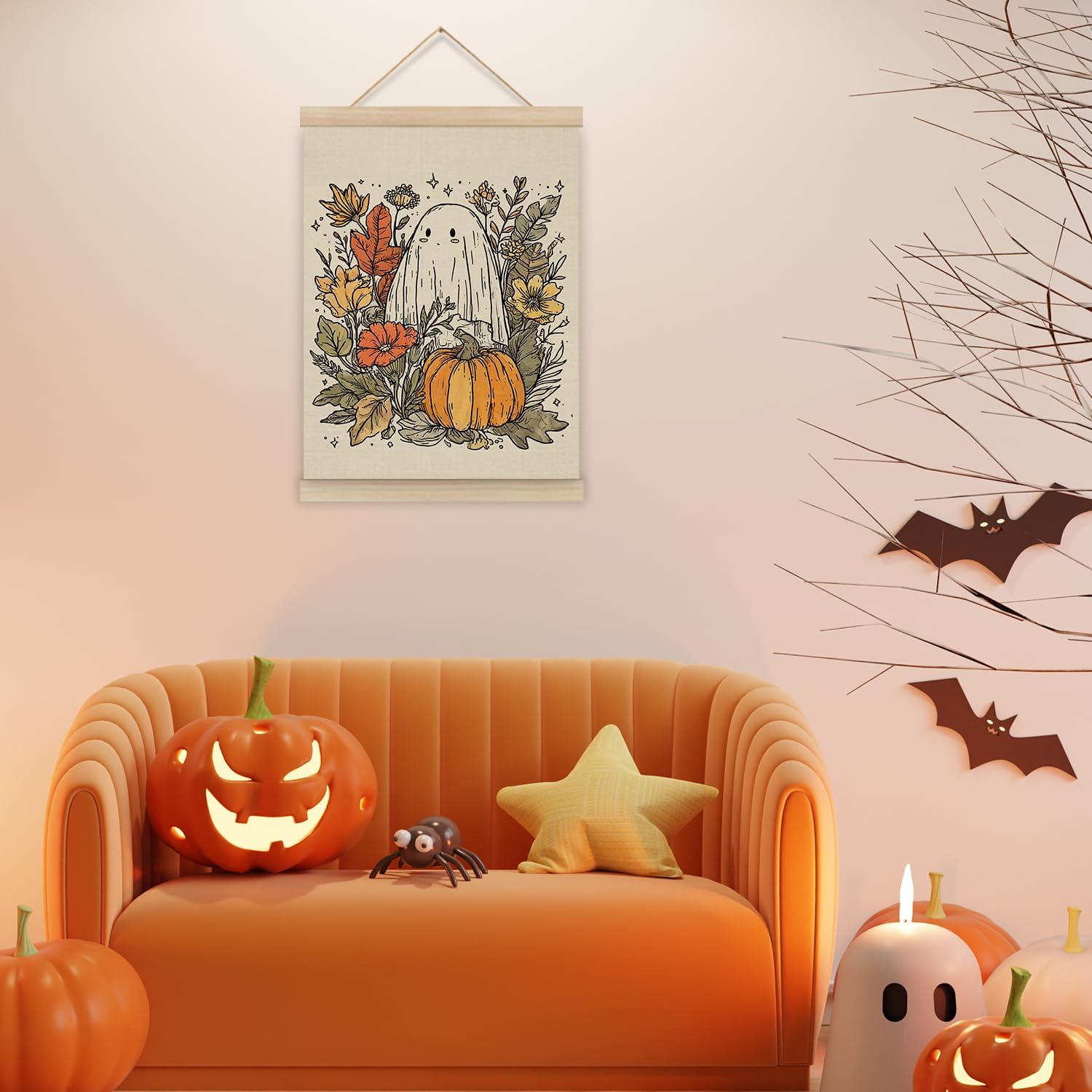 Z0FGU0 Fall Pumpkin Ghost Halloween Wall Art, Rustic Autumn Fall Floral Botanical Poster Hanger Frame, Spooky Halloween Ghost Wall Decor for Home Living Room Bedroom, 12x16 Inch