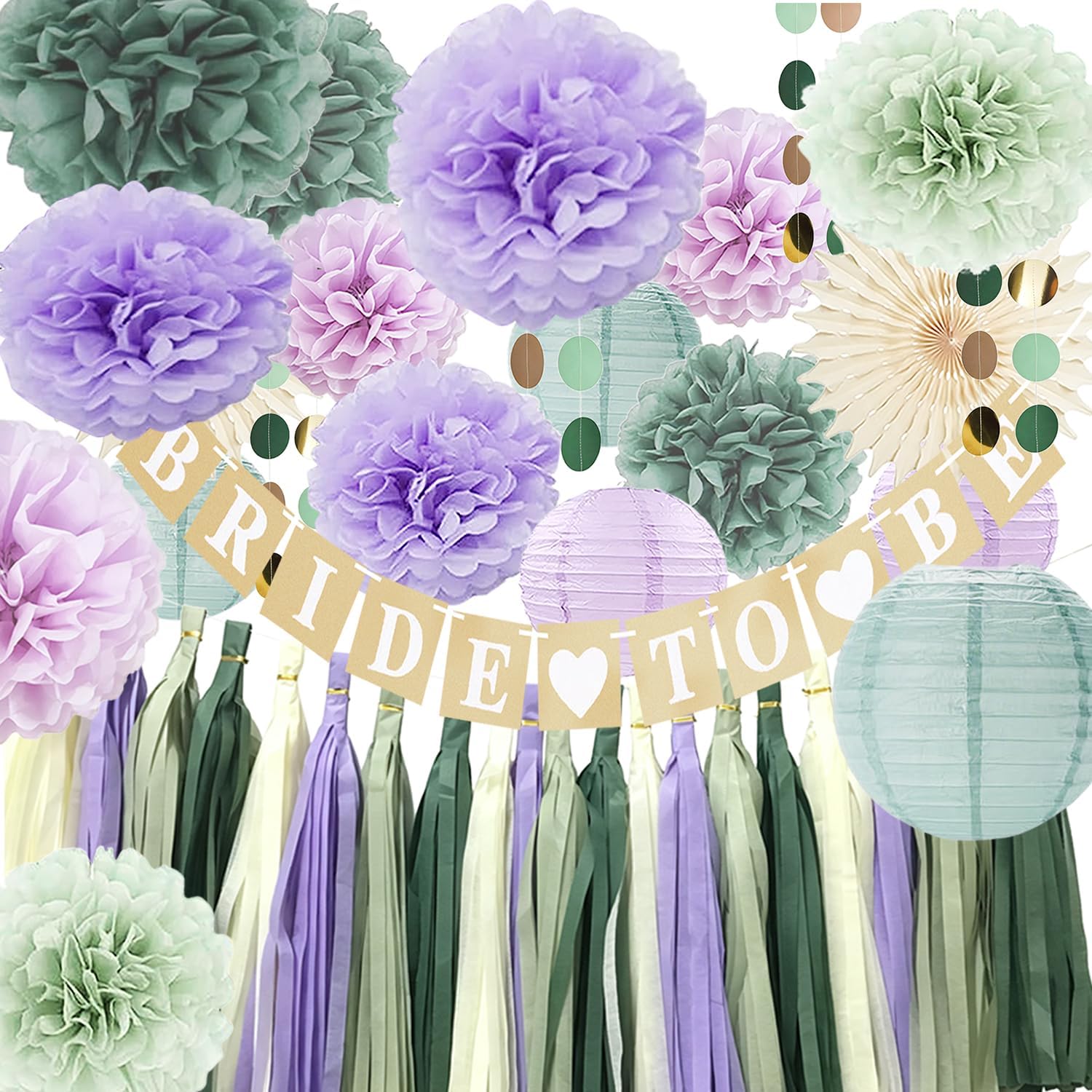 Bridal Shower Decorations Lavender and Sage Green -Bachelorette Party Decor Supplies Kit for Wedding with Bride to Be Banner Hanging Tissue Paper Flowers Lantern and Tassel Garland (Lilac +Purple)