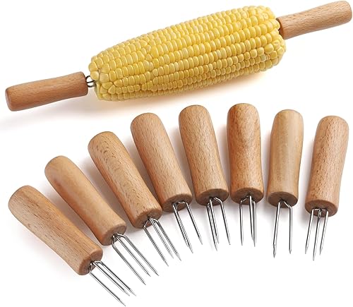 Miniatura 3 de Juego de 10 soportes para mazorcas de maíz de acero inoxidable con mango de madera, tenedores de maíz para barbacoa, carne asada de maíz dulce