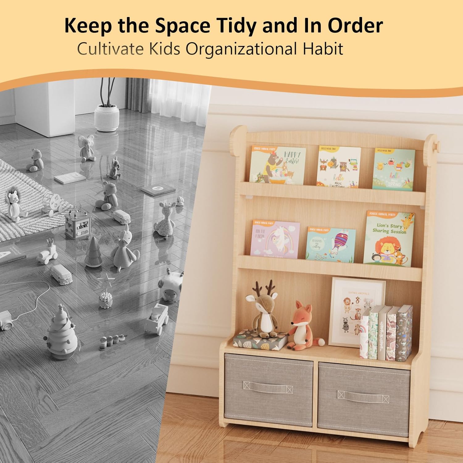 Kids Bookshelf and Toy Storage Organizer, 3 Tier Bamboo Todders Book Shelf Large Book Rack for Child Room Playroom Nursery for Kids, Children, Toddlers (Nature) - Image 4