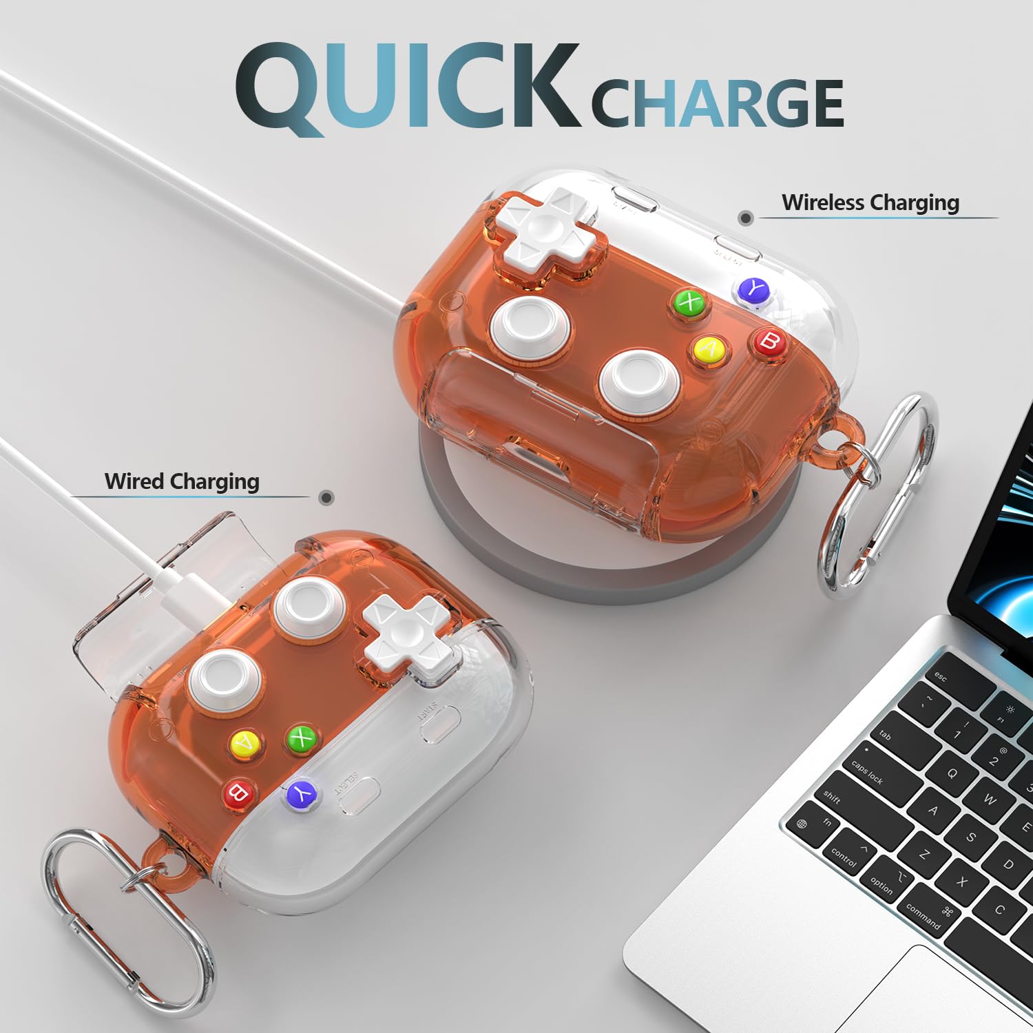 RFUNGUANGO - Funda para AirPods Pro 3 con Cierre y Kit de Limpieza, Transparente, rígida, para Videojuegos, con Soporte para teléfono Integrado, antigolpes （Naranja） — view 7