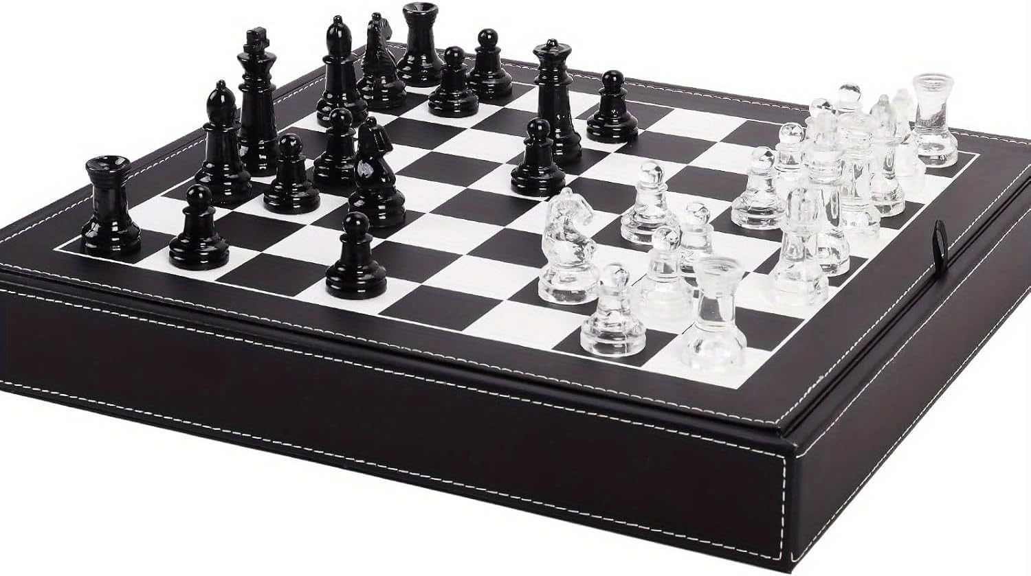 Luxury Glass Chess Set for Adults - 2 Extra Queens, Premium Leather Storage Case with 13.2” Chessboard Elegant Board Game Gift
