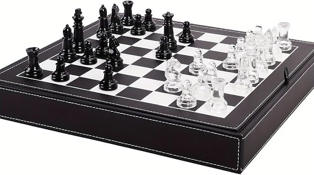 Luxury Glass Chess Set for Adults - 2 Extra Queens, Premium Leather Storage Case with 13.2 Chessboard Elegant Board Game Gift