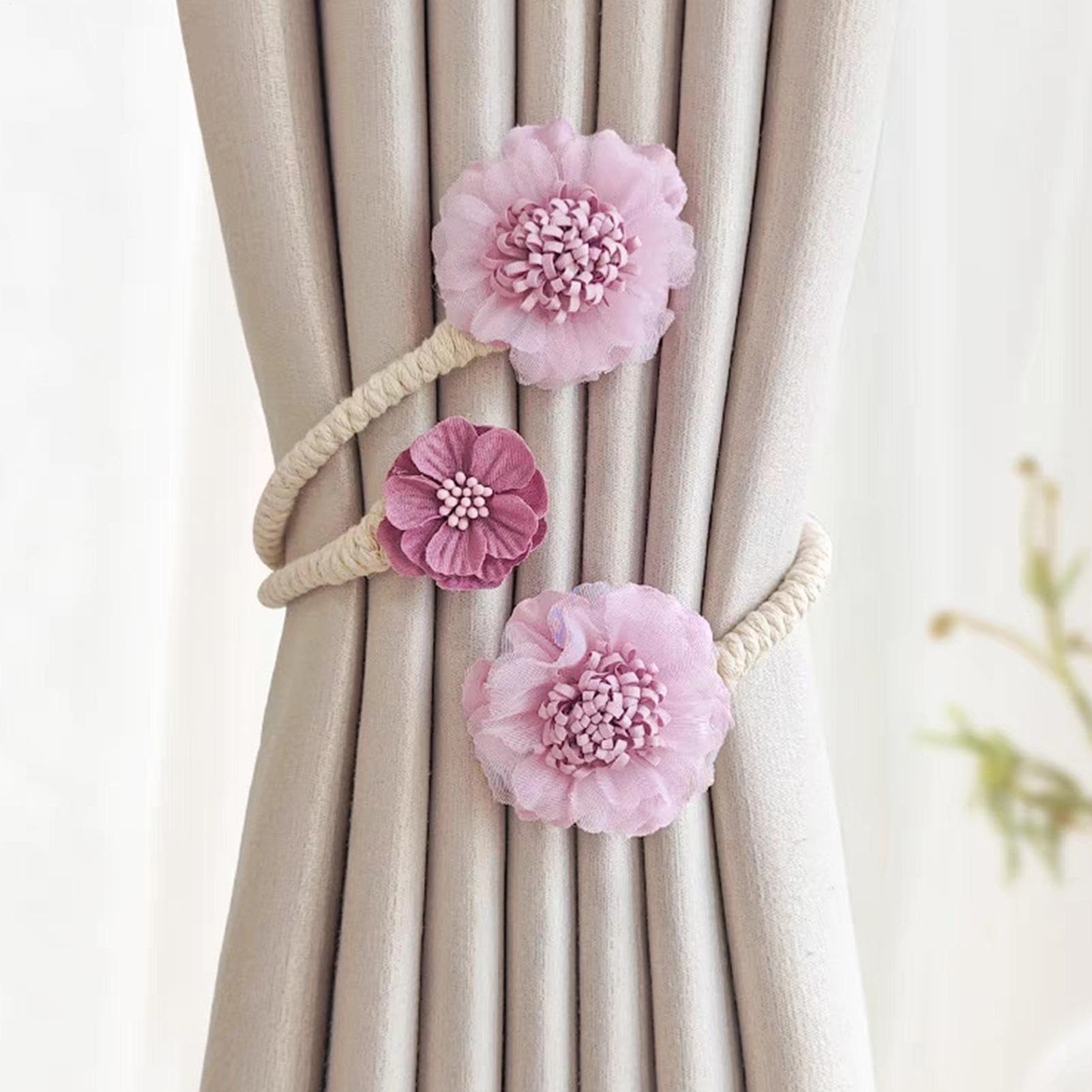 Embrasses De Rideaux Boho - Motif Branche Et Fleurs - Corde De 45 Cm - Sans Perçage - Pour Salon Et Chambre - 3