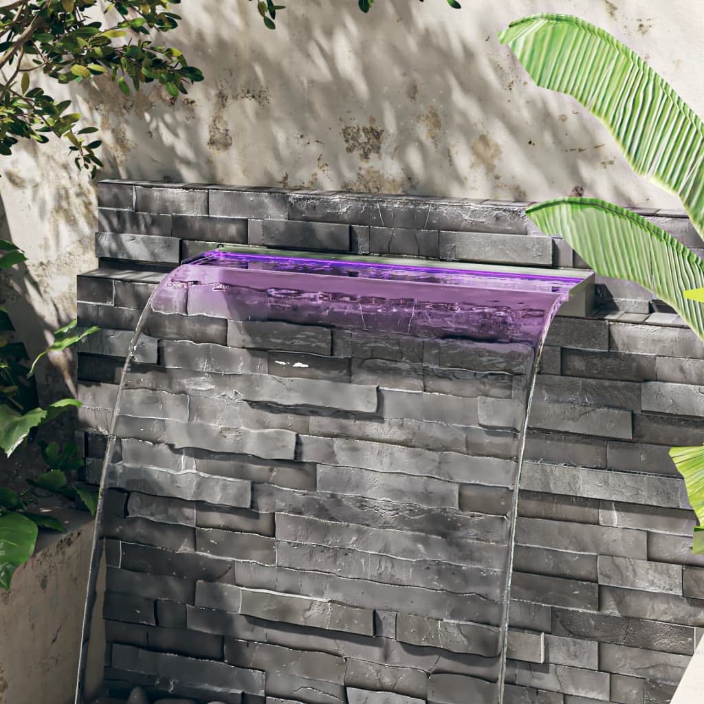 Sversatore per cascata con LED RGB INOX 90 cm Fontana per acqua di piscina Cascata Bacino esterno Lama d'acqua per la decorazione di stagno, patio, giardino