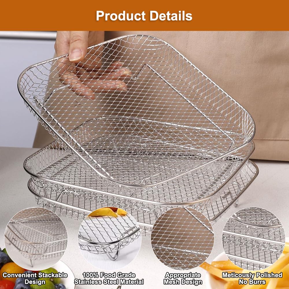 PHMING 3 Pezzi Griglia per Friggitrice ad Aria, Acciaio Inox Ripiani Friggitrice ad Aria, Impilabile Rack per Friggitrice ad Aria con Piedini Silicone e Clip Antiscottatura, per Friggitrice, Forno