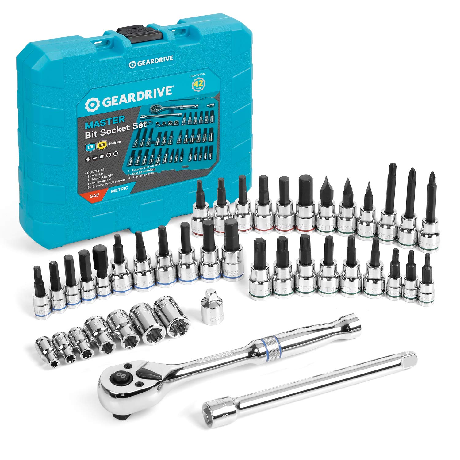 42-piece Bit Socket Wrench Set, 1/4'', 3/8'' Drive, Includes 90T Quick-release Ratchet, Torx/Hex/Slotted/Phillips Bit Sockets, Extension & Adapter, CR-V and S2 Steel Made, with Storage Case
