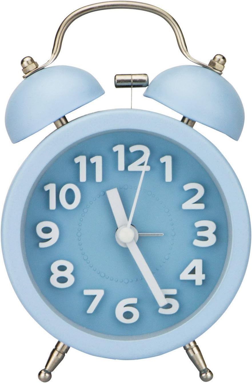 PILIFE Silent Non Ticking Vintage Analog Alarm Clock with Round Twin Bell Loud Alarm/Night Light/3D Numbers for Light & Heavy Sleepers(Blue)