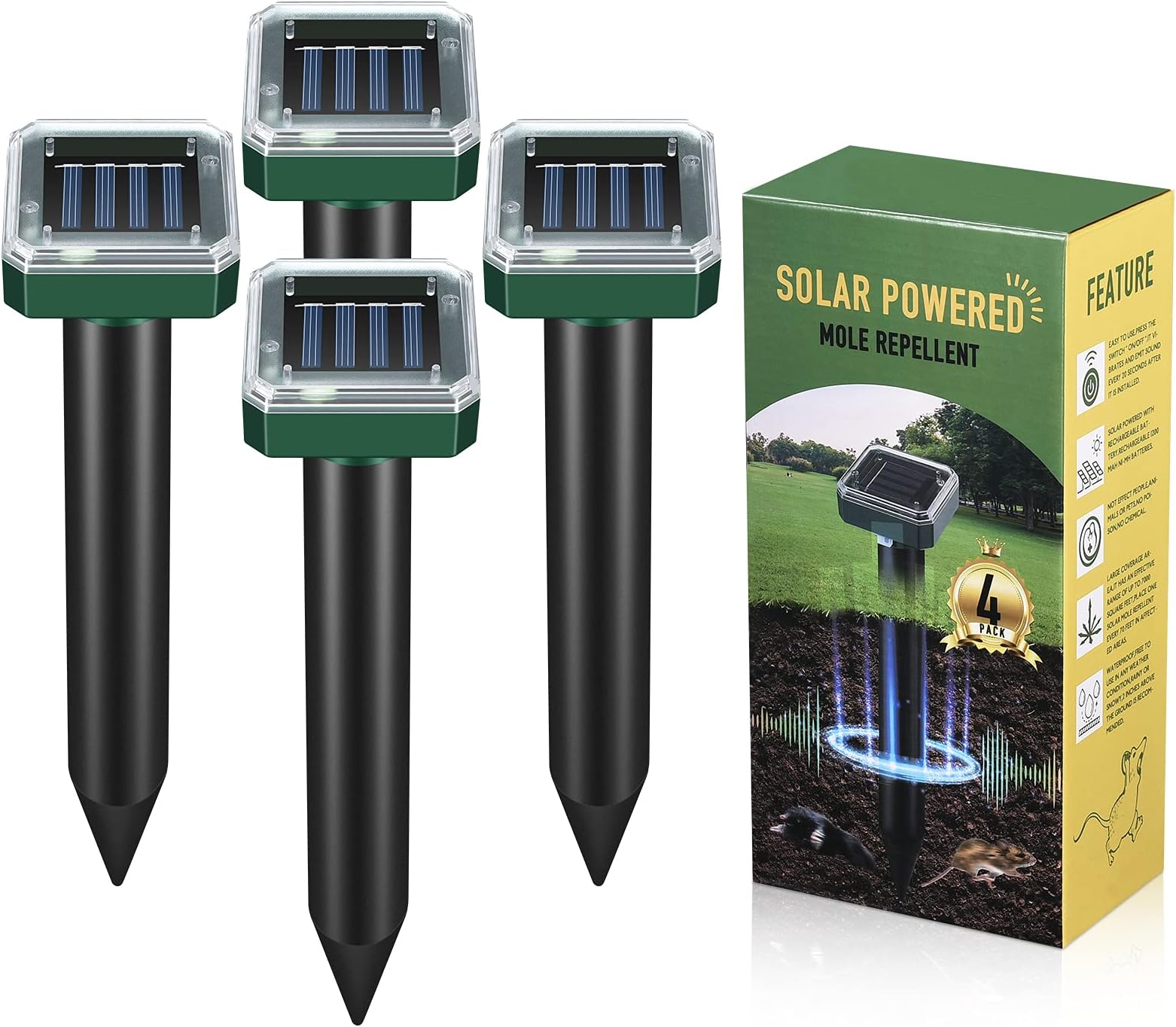 Solar Mole Repellent, Ultrasonic Mole Repellent Solar Powered，Outdoor Waterproof Ultrasonic Snake Repellent for Get Rid of Mole, Gopher, Snakes, Vole and Other Underground Pests(4 Pack)