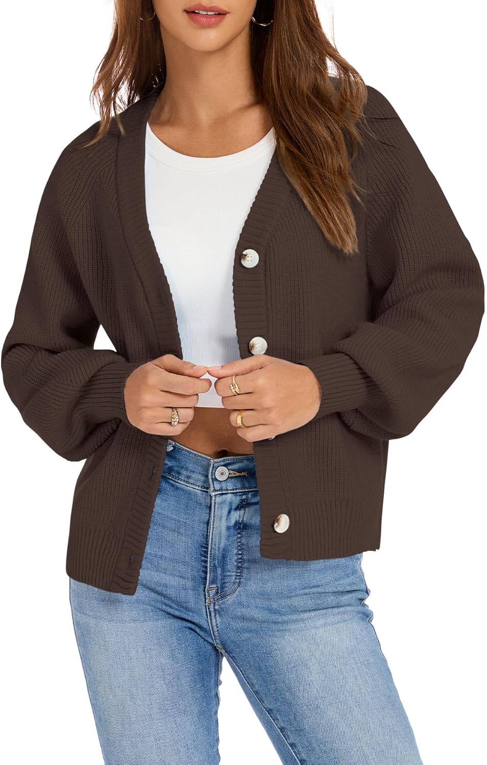 KUOTAI Women's Chunky Knit Open Front Sweaters Long Sleeve Button Loose Short Cardigan Outerwear Coats - Image 2