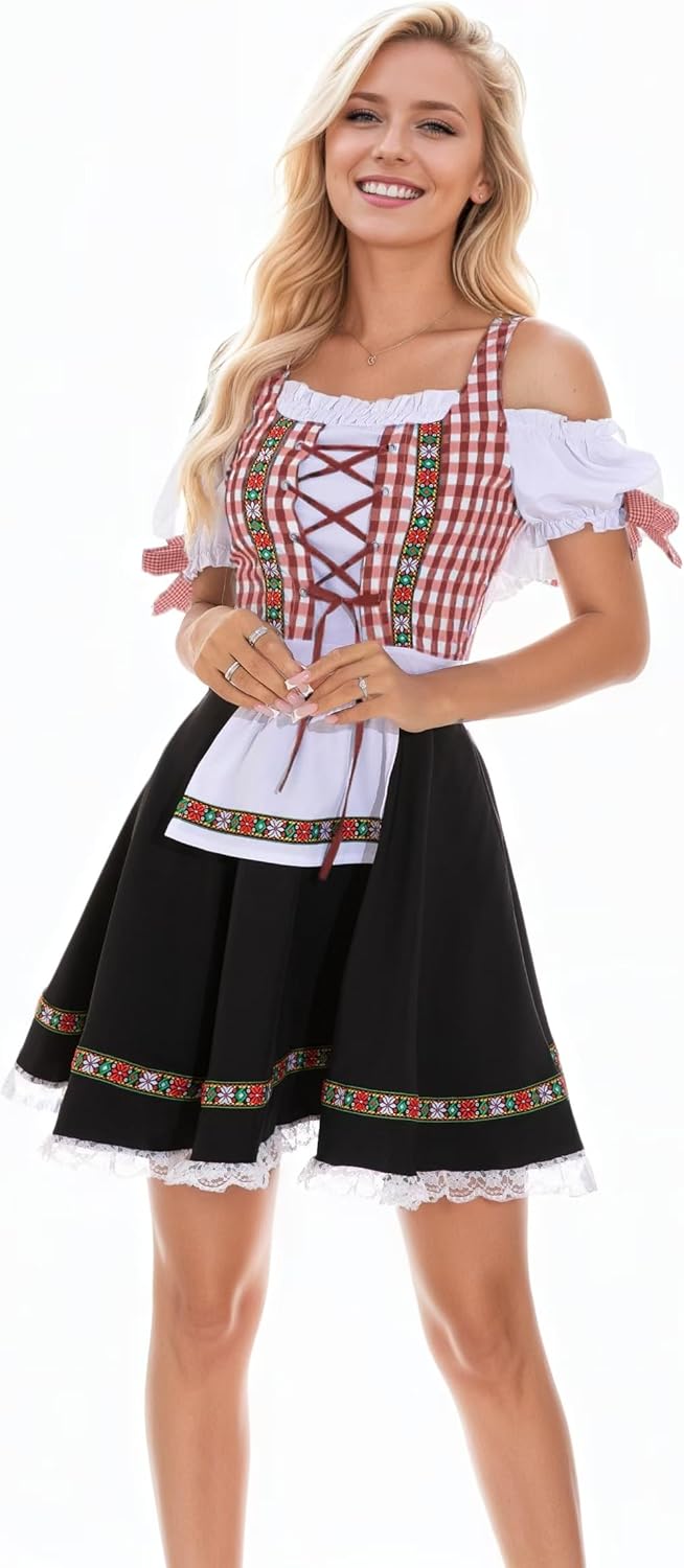 Khanda Oktoberfest Costumes for Women U Neck Dirndl Dresses Classical Plaid Oktoberfest Outfits for German Bavarian Party - Image 5