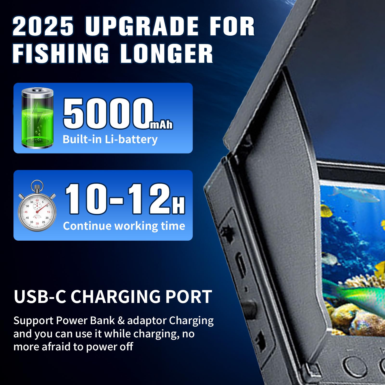 Fischfinder, Unterwasserkamera Angeln, Fish Finder Kamera IP68 Wasserdicht Unterwasser Kamera, 5000mAh Akku, 30m Kabel, 220° Weitwinkel Nachtsicht für Meeresangeln Fluss Angeln Eisfischen