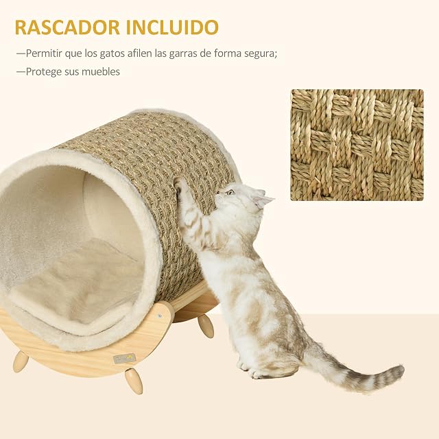 Foto 3 de 8 de PawHut Cama Elevada para Gatos Cueva para Mascotas Aparencia Barril con Superficie de Algas para Rascar Cojín…