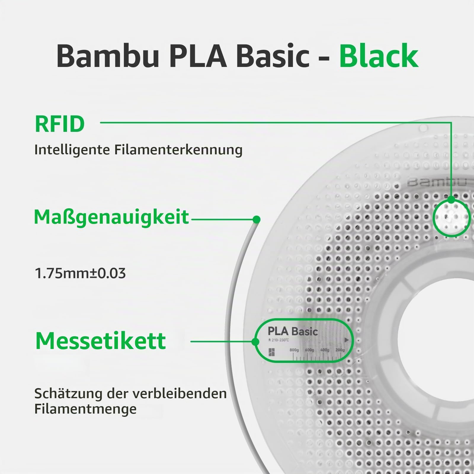 BambuLab PLA-3D-Drucker-Filament, 1,75 mm, schwarz, 1 kg, RFID, kein Verziehen und Verheddern, schnelles Drucken, hohe Genauigkeit, wiederverwendbare Spule