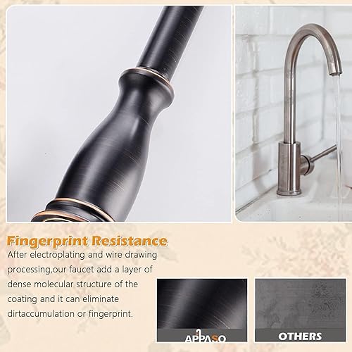 Miniatura 5 de APPASO APS218ORB - Grifo de cocina extraíble de 3 agujeros con rociador de bronce aceitado, 3 piezas, grifo de fregadero de cocina extraíble con