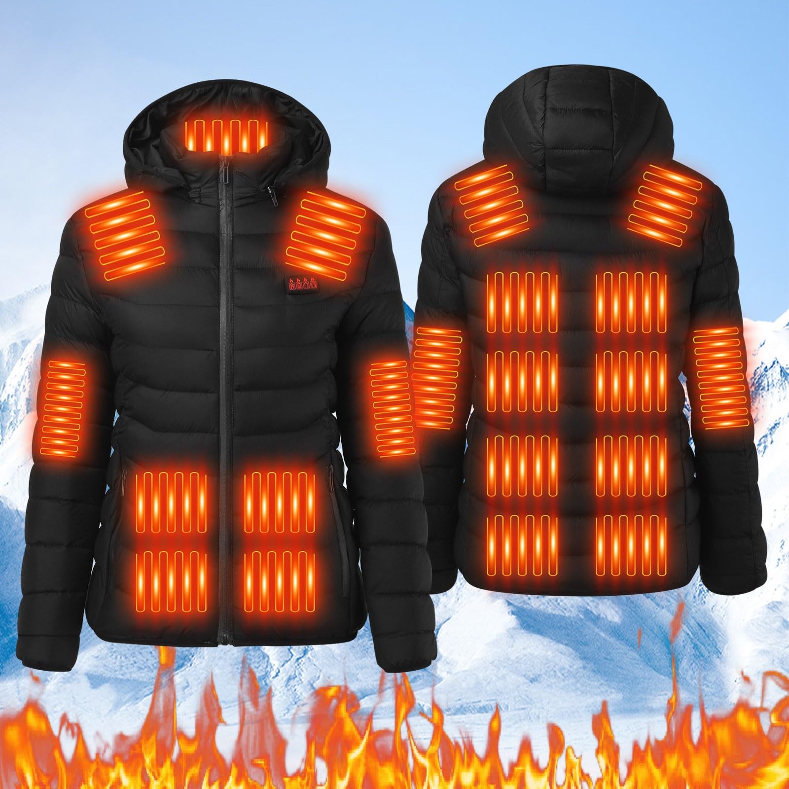 Genérico Chaqueta Calefactable Mujer con 21 Zonas de Calefacción, Abrigo con Capucha para Senderismo, Chaleco Térmico con Batería USB, 3 Niveles de Calor, Impermeable