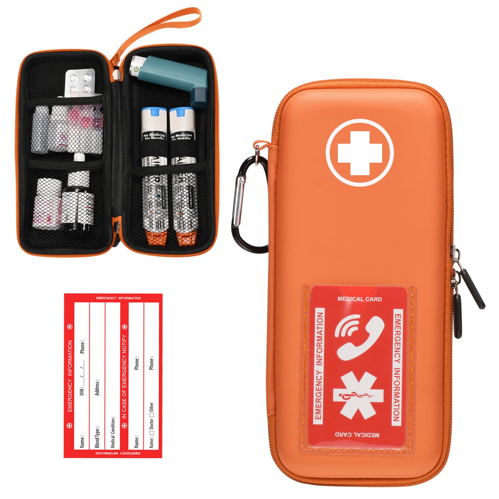 EpiPen Carry Case, Hard Emergency Medical Bag with Carabiner-for 2 EpiPens, Asthma Inhaler, Auvi-Q,Eye Drops,Anti-Histamine,Allergy Medication,Diabetes Travel Case for Adults (Large Size)