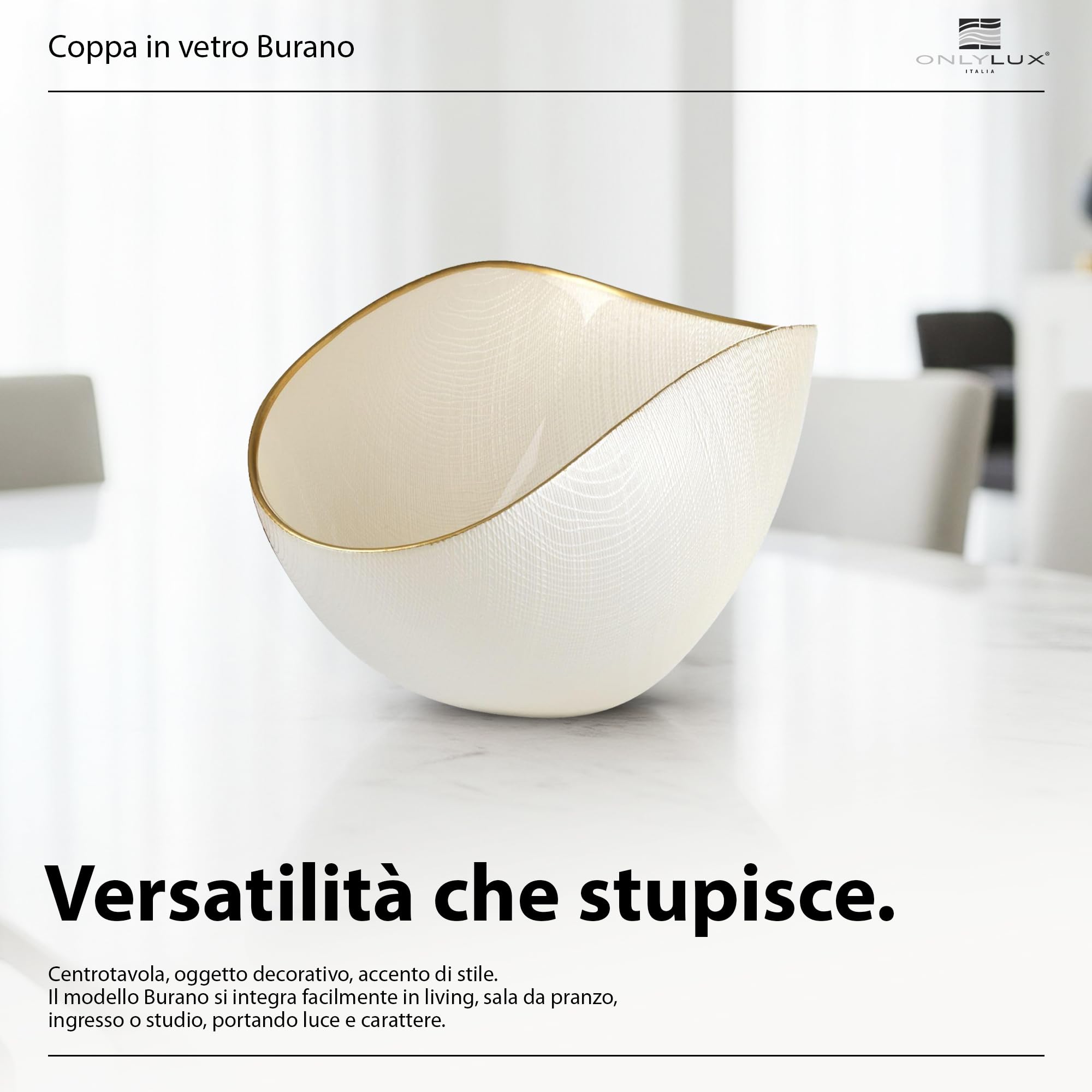 Onlylux Coppa Burano in Vetro Centrifugato Decorato a Mano - Centrotavola Decorativo 28 x 9,5 cm - Coppa in Vetro Artigianale per Arredo Casa - Bianco Perla Filo Oro