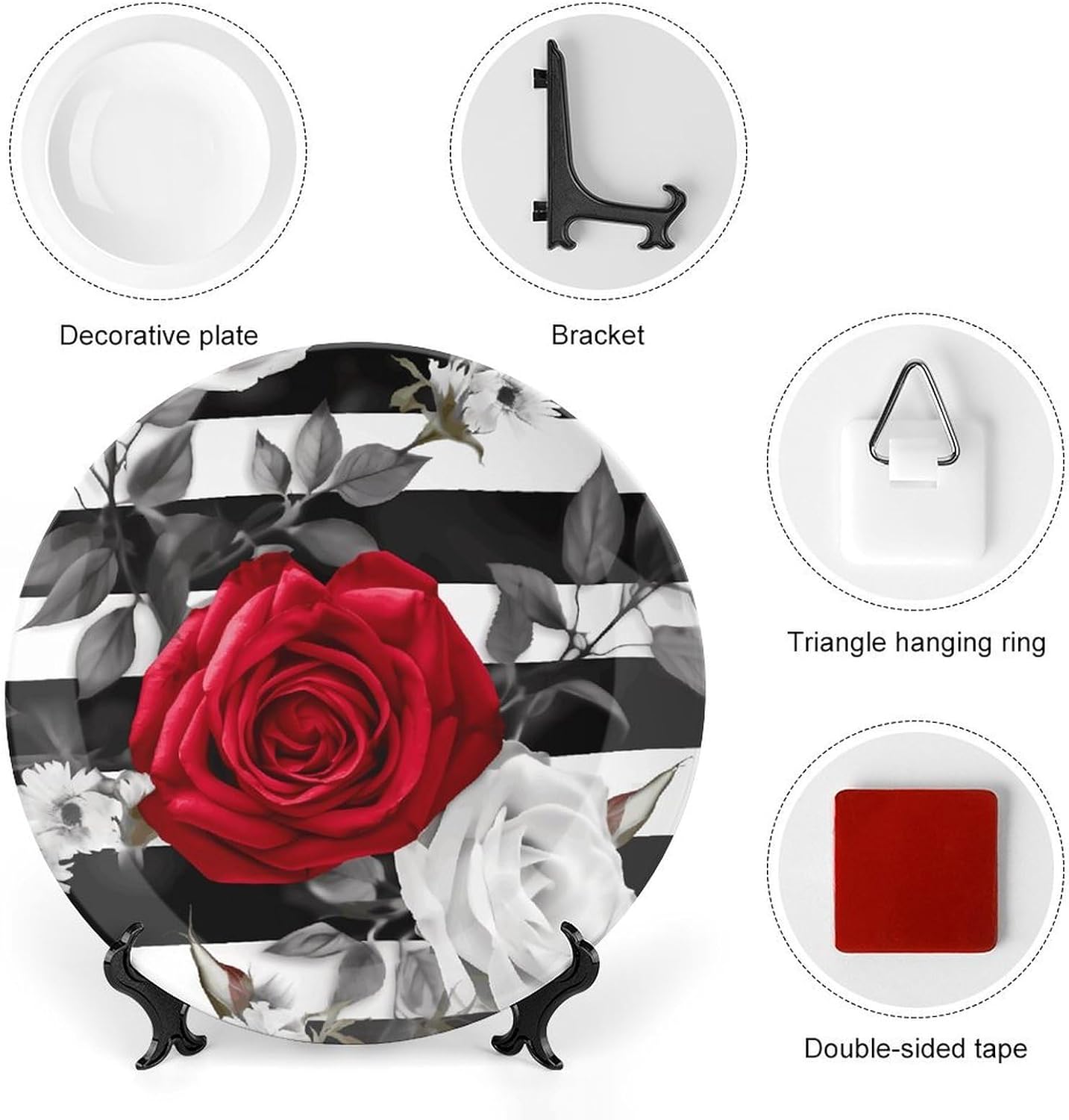 Black White Stripes Red Rose Flowers Decorative Plates for Display Custom Decorative Ceramic Plate With Stand Personalized Hanging Art Wall Decor for Living Room Hallway Table Shelf Decor
