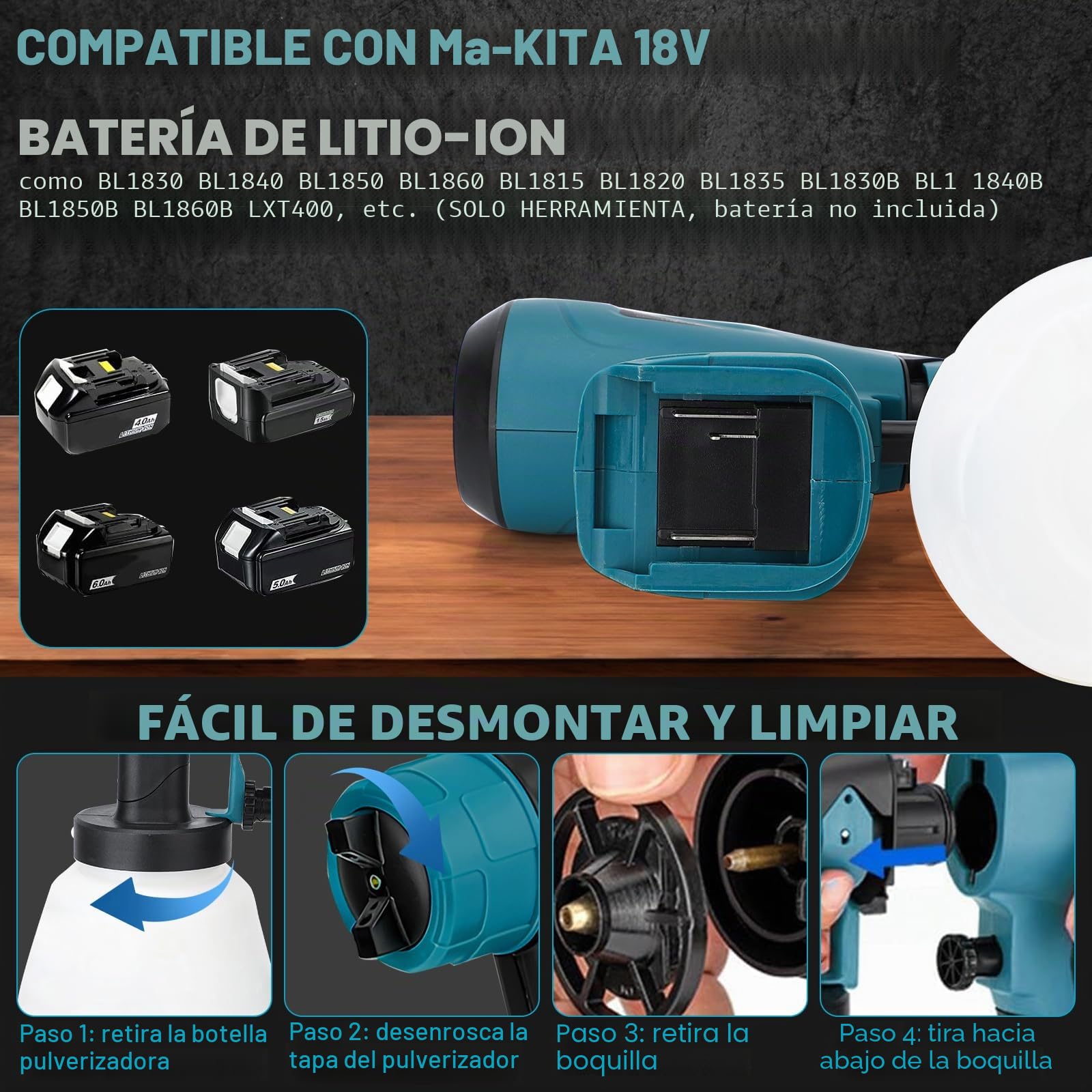 Pulverizador de color a batería para Makita 18 V, pistola eléctrica HVLP con 4 boquillas, depósito de 1000 ml, para muebles de casa, vallas, revestimientos de terrazas, paredes y techos (sin