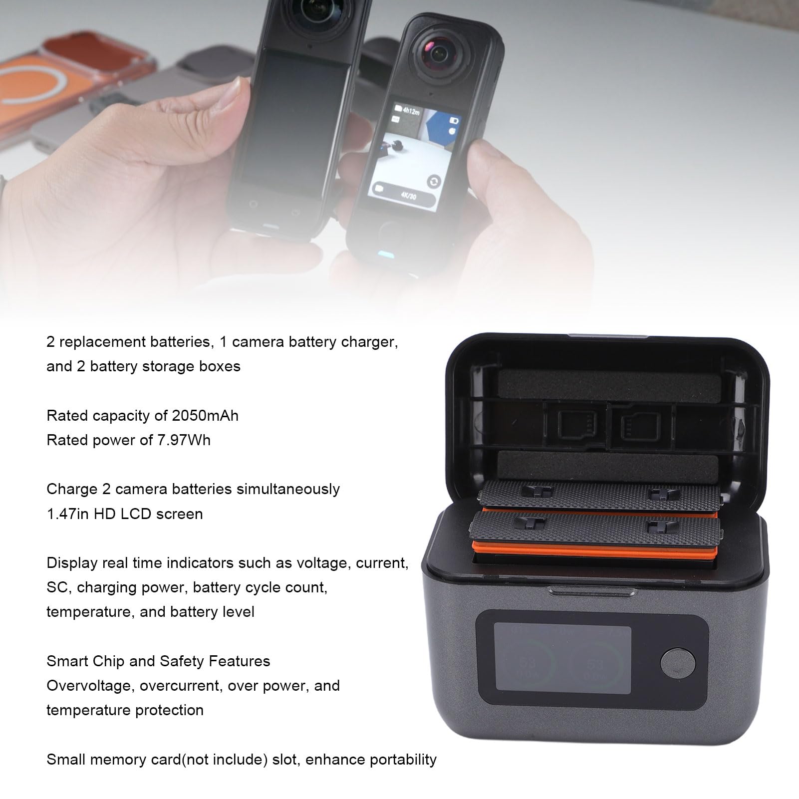 Jectse Do Zestawu ładowarek Do Akumulatorów Aparatu 360 X4 Air, 2 Akumulatory Zamienne 2050 MAh z Wyświetlaczem LCD i Futerałami Przechowywania, Aparatu 360 X4 Air