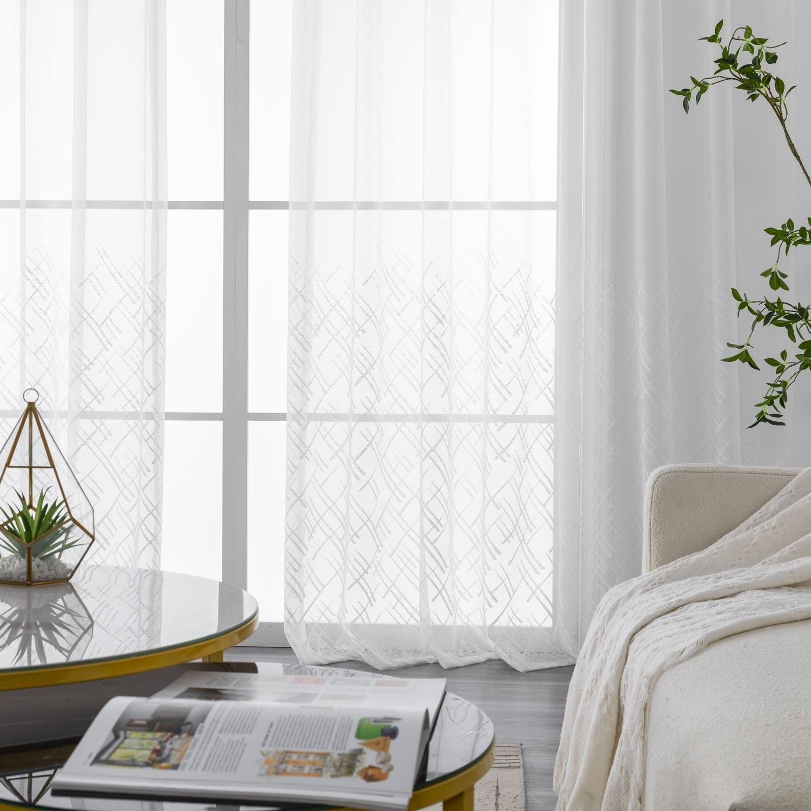 Rideau Interieur Blanc, Rideau Chambre Voilage Polyester Croix Transparente Lot de 2 Paire de Rideaux Salon 34X84Inch(86X214CM)