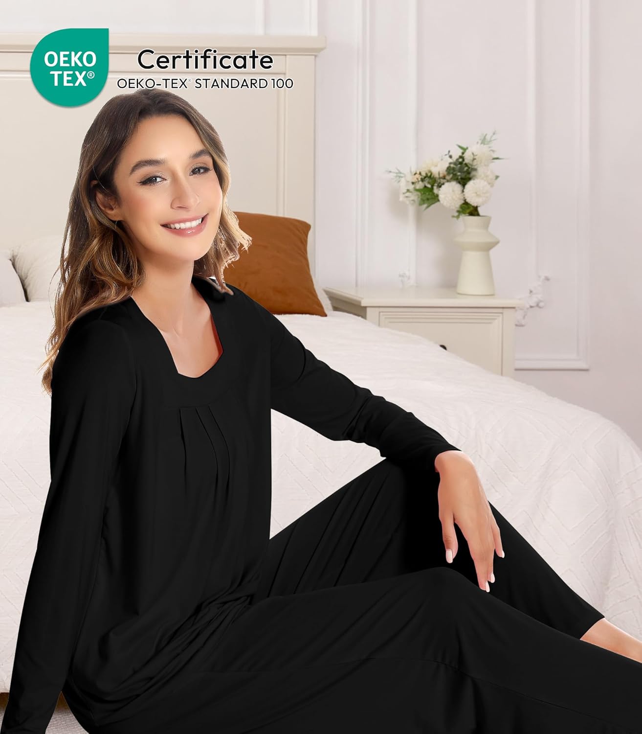 NACHILA Pajamas for Women-Viscose Made from Bamboo,Long Sleeve Pajama Sets Comfy Loungewear Pleated Pjs