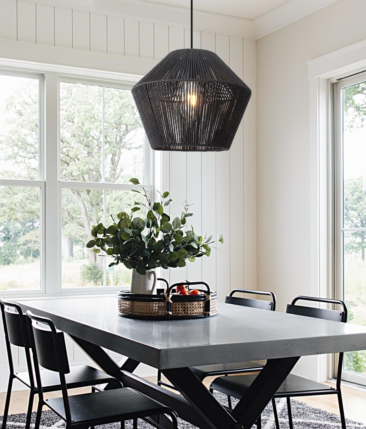Black Rattan Pendant Light,12" Hand Woven Pendant Lights Coastal Lighting Fixtures Adjustable Boho Chandelier for Kitchen Island Dining Room Bedroom Foyer Brown