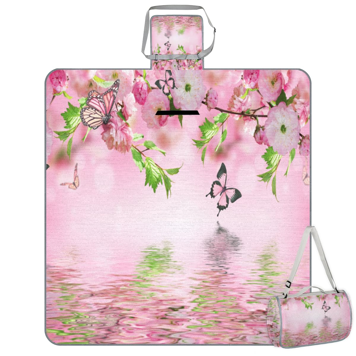 Shimoshe Picnic Blankets 57”x 59”, Colorful Butterfly Cherry Blossoms Waterproof Sandproof Picnic Mat Lightweight Foldable Beach Blanket for Camping Park Grass Beach Outdoor Blanket