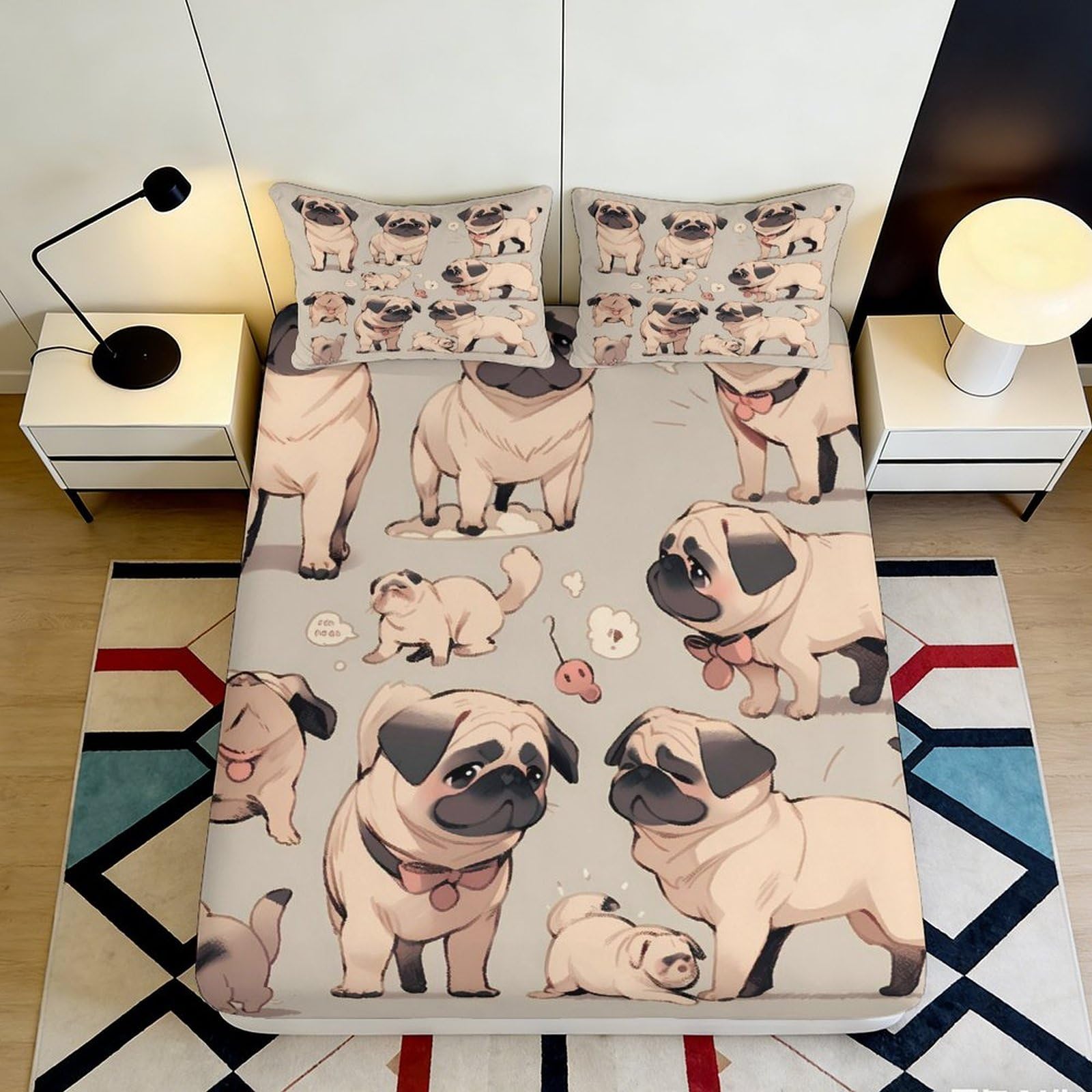 Pnayamiorkfel Style-3 3D Printed Cartoon Pug Fitted Sheet Microfiber Soft Anti-Slip Animal Dog Mattress Cover For Bedroom Dorm Decor Easy Care 90X200x25cm