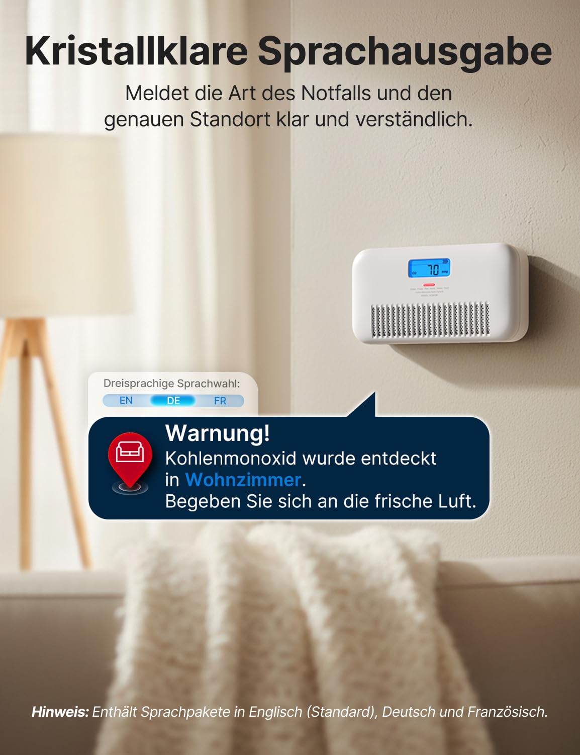X-Sense Kohlenmonoxid-Melder mit Temperatur- & Feuchtigkeitsüberwachung, Sprachansagen, CO Melder mit austauschbarer Batterie, LCD-Anzeige… – Ansicht 3