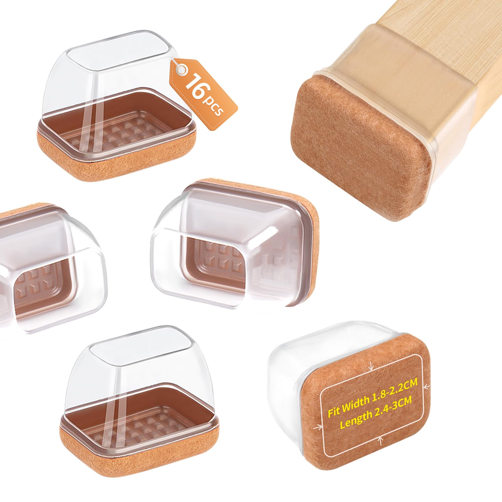 ZDDLOINP 16 Pieces Chair Leg Protector, Square Legs, Transparent Silicone Protective Feet Chairs with Wrapped Felt for Wood Floors Without Noise No Scratches