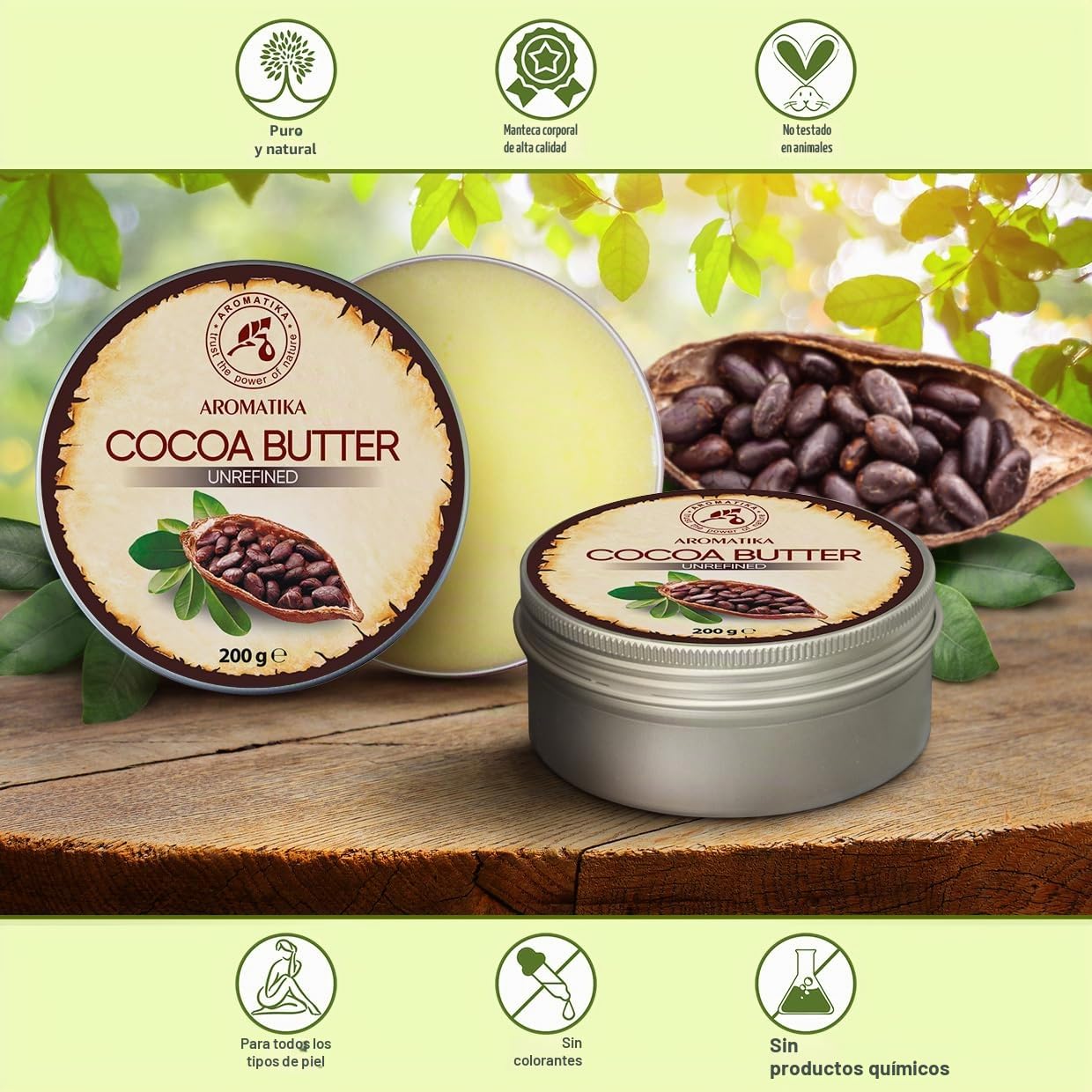 Manteca de Cacao 200g - Burkina Faso - 100% Puro & Natural - Manteca de Semilla de Theobroma Cacao - Grandes Beneficios para Piel - Cabello - Rostro - Cuerpo - Labios - Cocoa Butter
