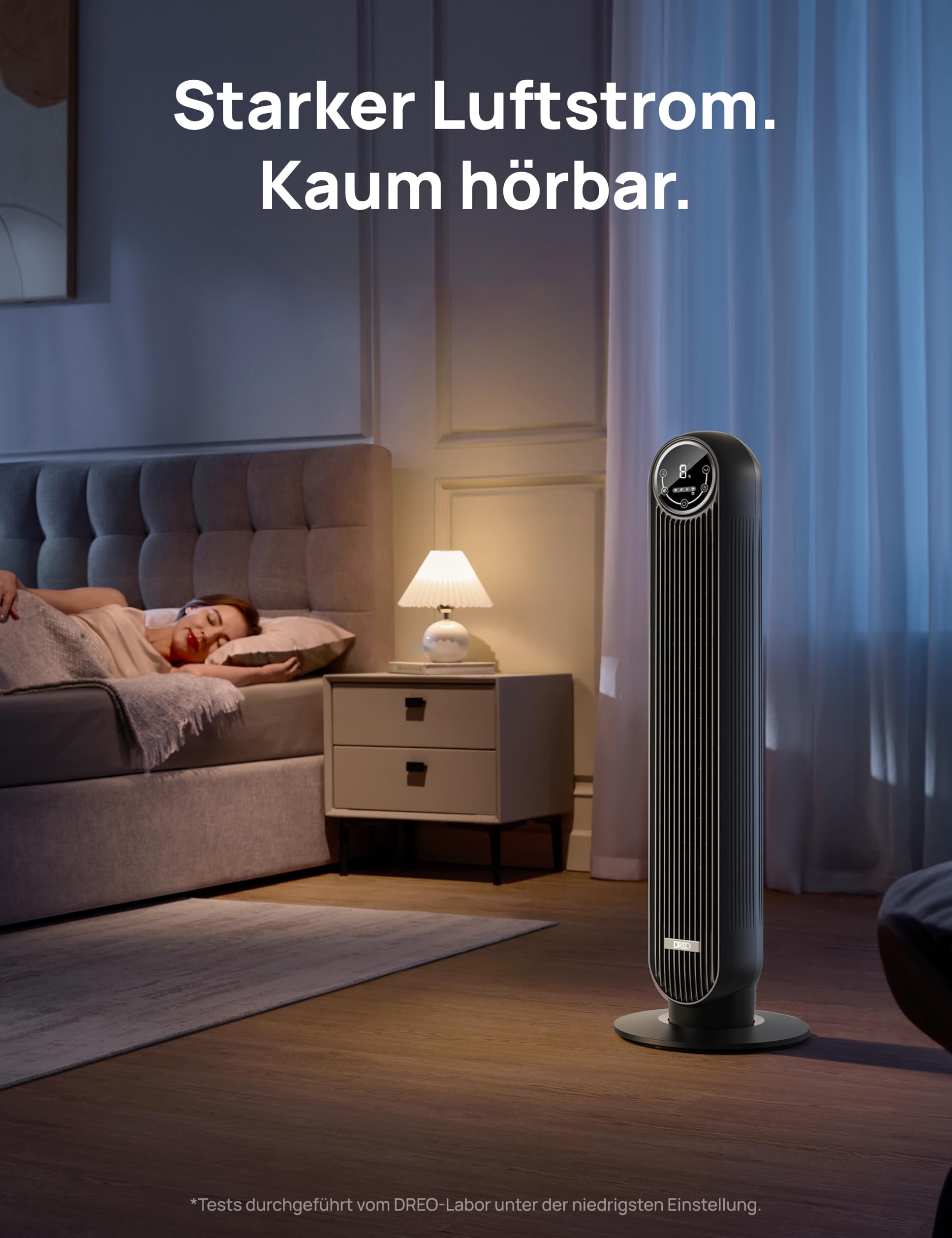 DREO Turmventilator 10 m Wurfweite 4 Geschwindigkeitsstufen 8 Std. Timer 90° oszillierend Fernbedienung Schwarz