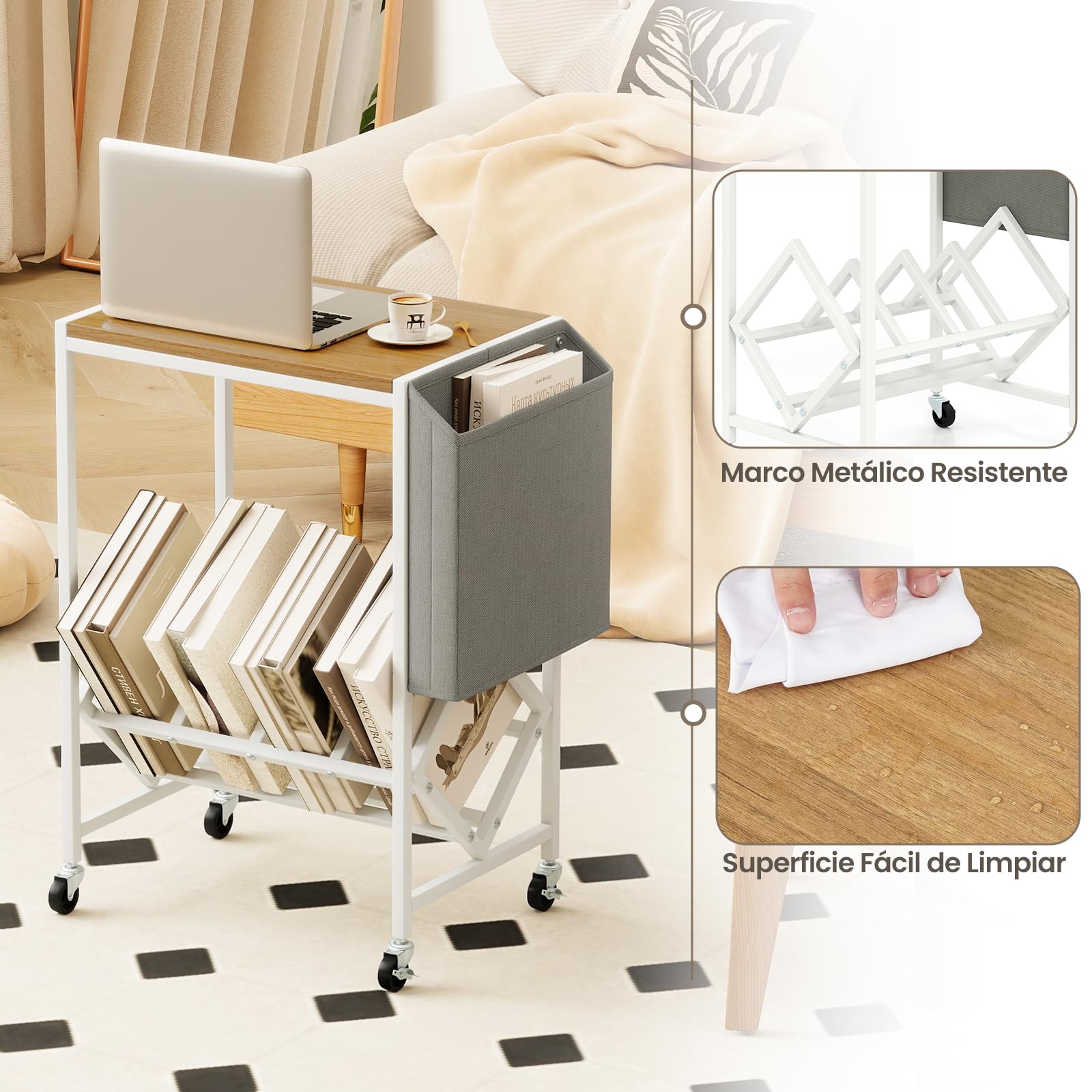 COSTWAY Mueble Tocadiscos con Ruedas, Soporte para Tocadiscos con Estante para Vinilos y Almacenaje Lateral, Mesa Auxiliar Móvil de Discos para Exhibición de Vinilos, 49,5x30x64 cm (Natural y Blanco)