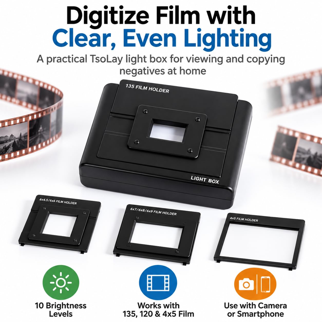 TsoLay Scanner Portatile per Pellicole con Luce LED Dimmerabile per Diapositive E Pellicole 135, 120 E 4x5, con Visualizzatore di Pellicole Alimentato Tramite USB E Supporto Pieghevole per La Copia