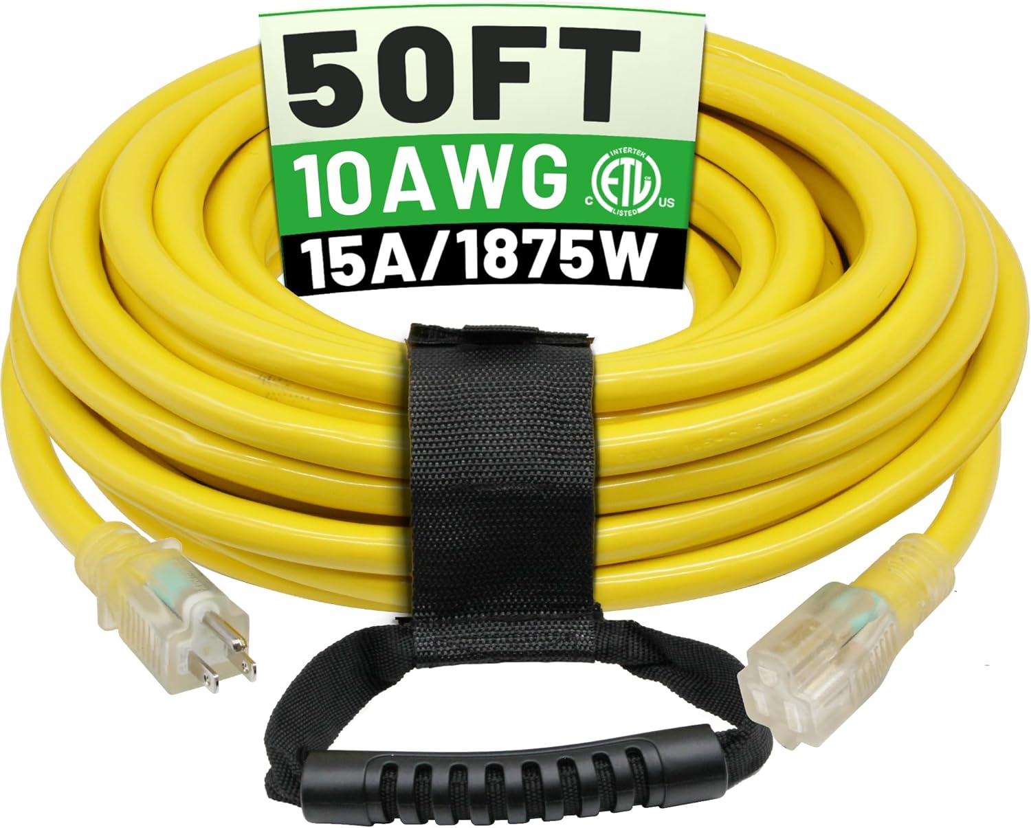 POWGRN 50 Ft 10AWG Outdoor Extension Cord Waterproof Heavy Duty 10 Gauge 3 Prong, Flexible Cold-Resistant Long Power Cord Outside with Lighted Indicator End, 15Amp 1875W SJTW Yellow ETL Listed 50FT 10AWG Yellow