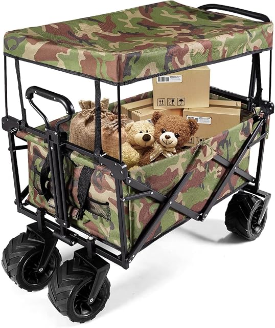 CASART Foldable Wagon Trolley, Collapsible Outdoor Cart with Adjustable Telescoping Bar, 4 Big Wheels, Removable Shade Canvas, Utility Garden Trolley for Shopping Groceries, Camping(Camouflage)