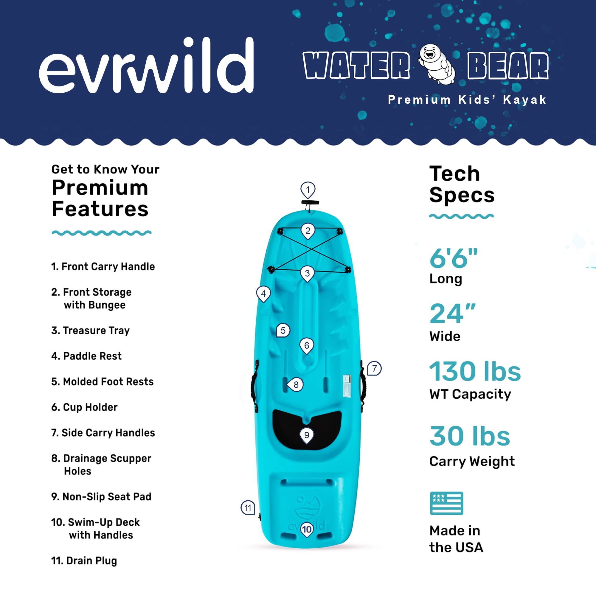 Evrwild Kids 6.5ft Kayak with Paddle, Lightweight Premium & Stable, 3-Level Footrest, Sit On Top for Youth to Teen Up to 130lbs, Blue