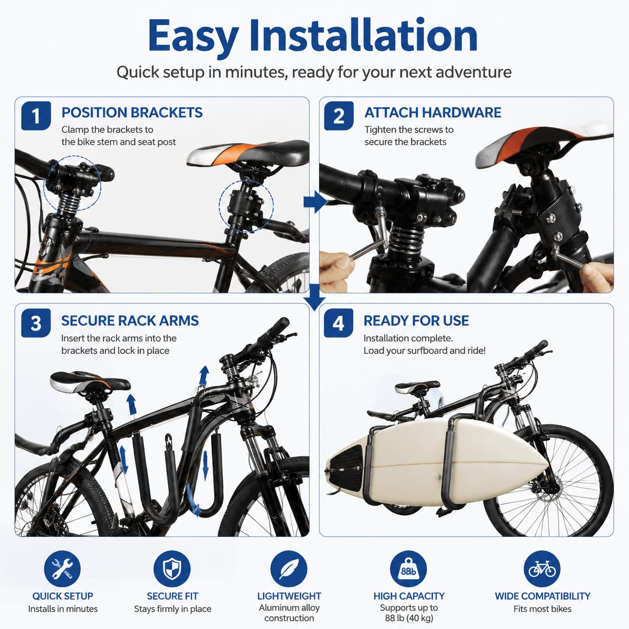 Moved By Bikes Support de planche de surf en alliage d'aluminium et mousse compatible avec les shortboards, Boogie, snowboards et