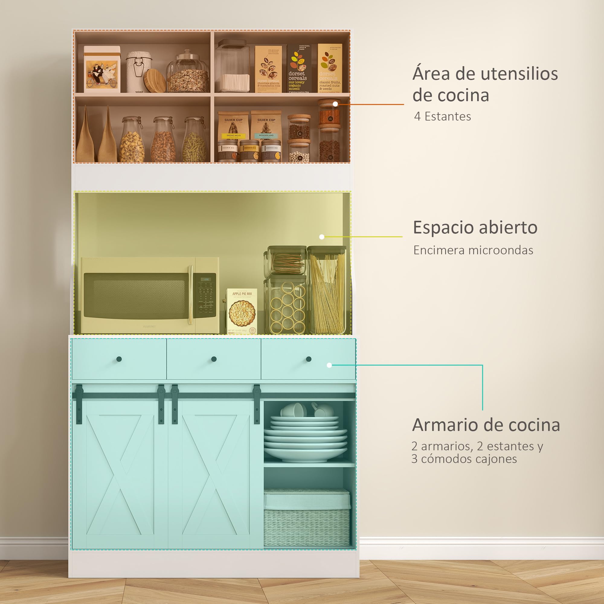 HOMCOM Alacena de Cocina Mueble Auxiliar con Encimera para Microondas, 2 Puertas Corredizas y 3 Cajones, Estantes Regulables, Estilo Granja, 93,5x40x180 cm Blanco