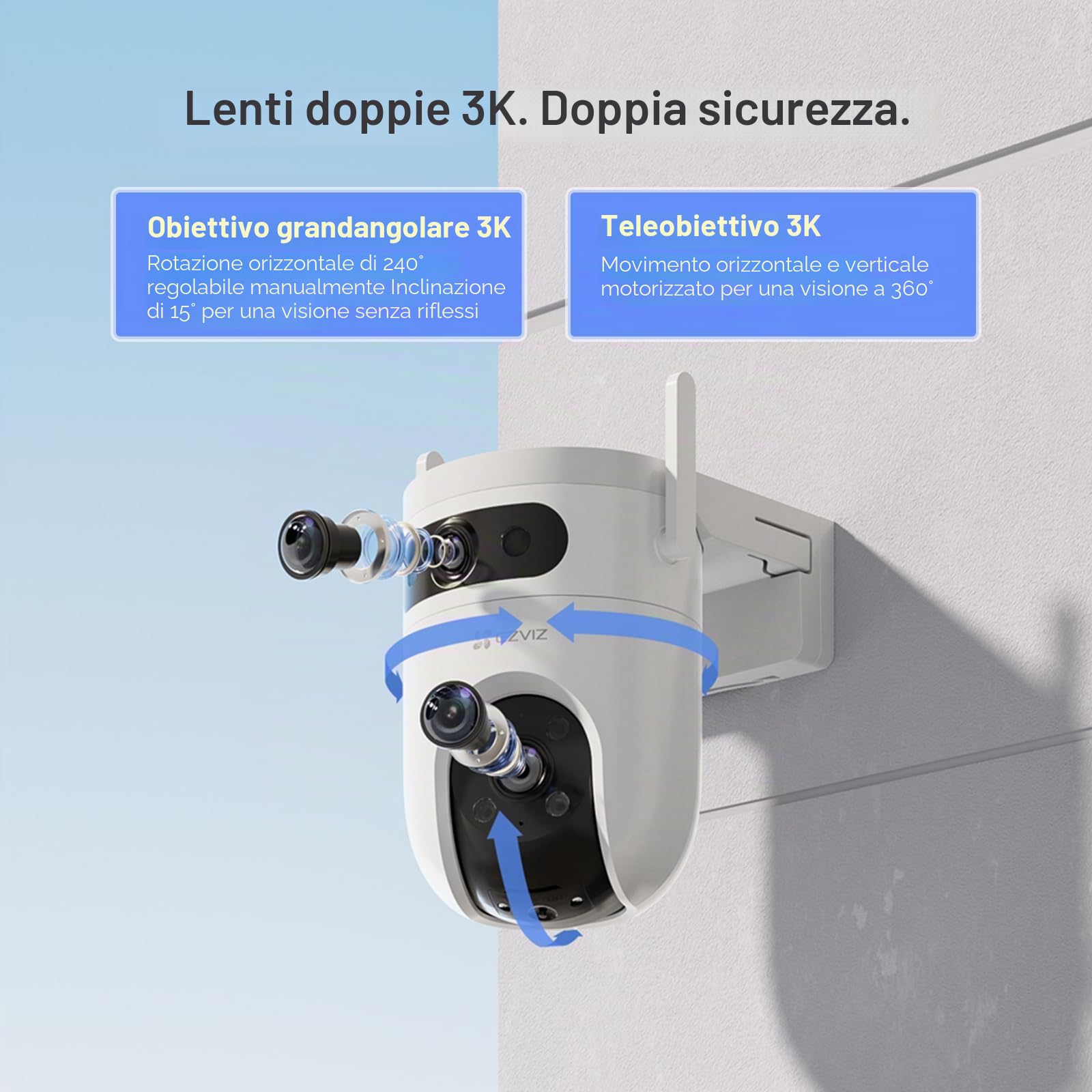 EZVIZ H9C 3K+3K Telecamera di Sorveglianza WiFi Esterna a Doppio Obiettivo, 360° PTZ, Tracciamento Automatico, Rilevamento di Forma Umana/Veicolo, Difesa Attiva, Visione Notturna a Colori 40M, Audio