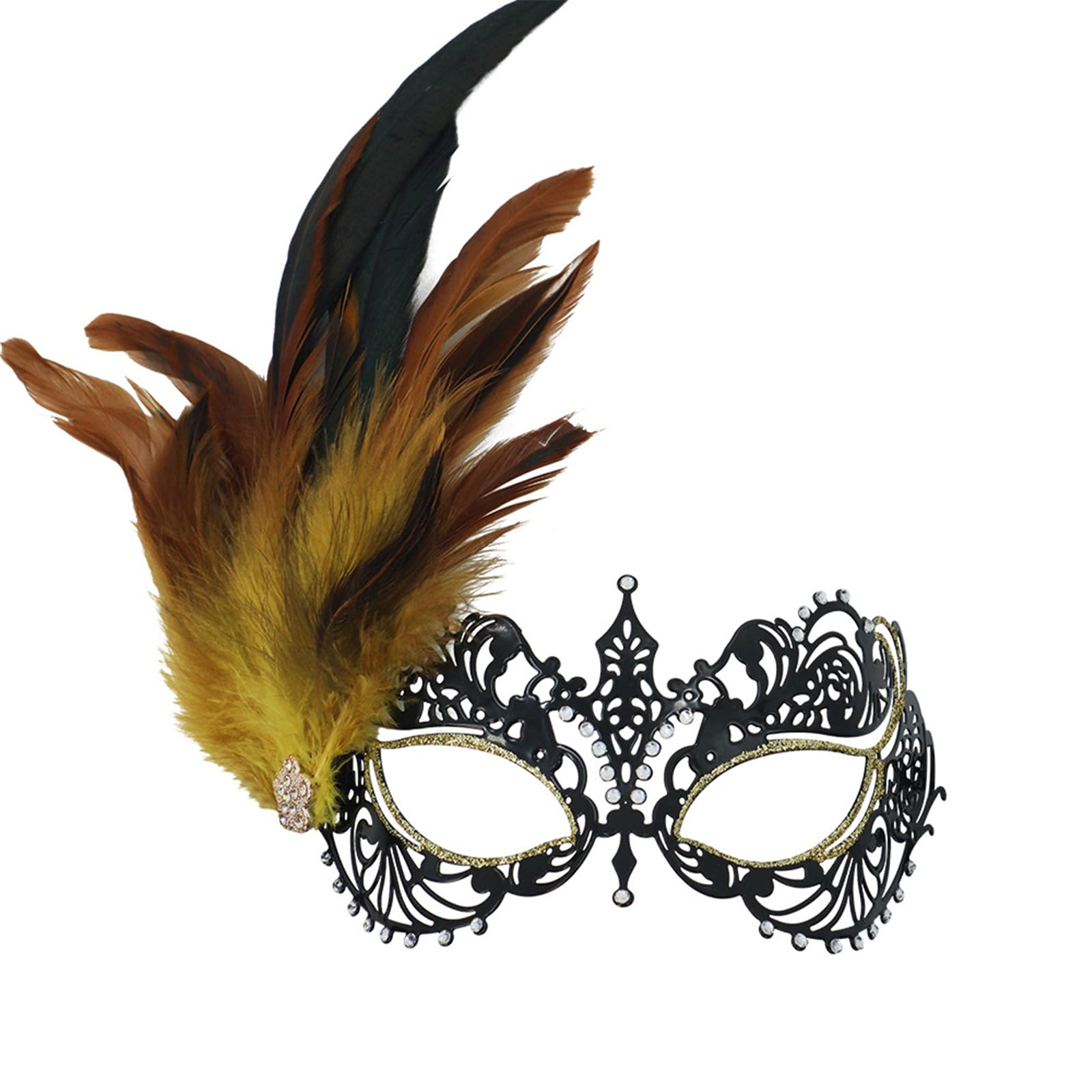 Tazizi Unisex Gold Masquerade-Mask For Women, Mardi Gras Masquerade Feather-Mask, Rhinestone Carnival-Masks, For Party Cosplay