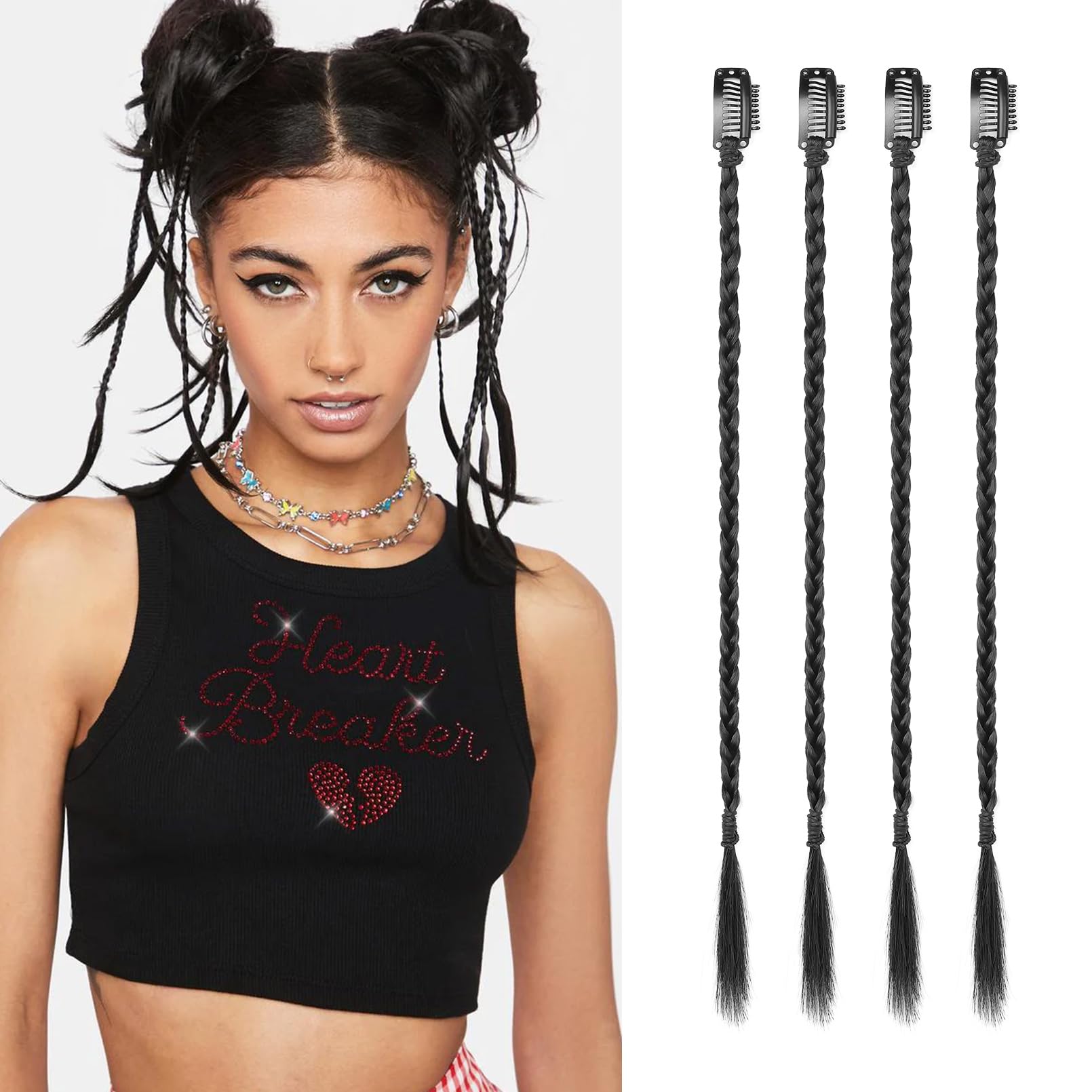Flufymooz 4PC Braid in Hair Extension 14 Inch Clip in Braid Extensions for Women Synthetic Hairpieces for Daily Use Party Styling (Natural Black)