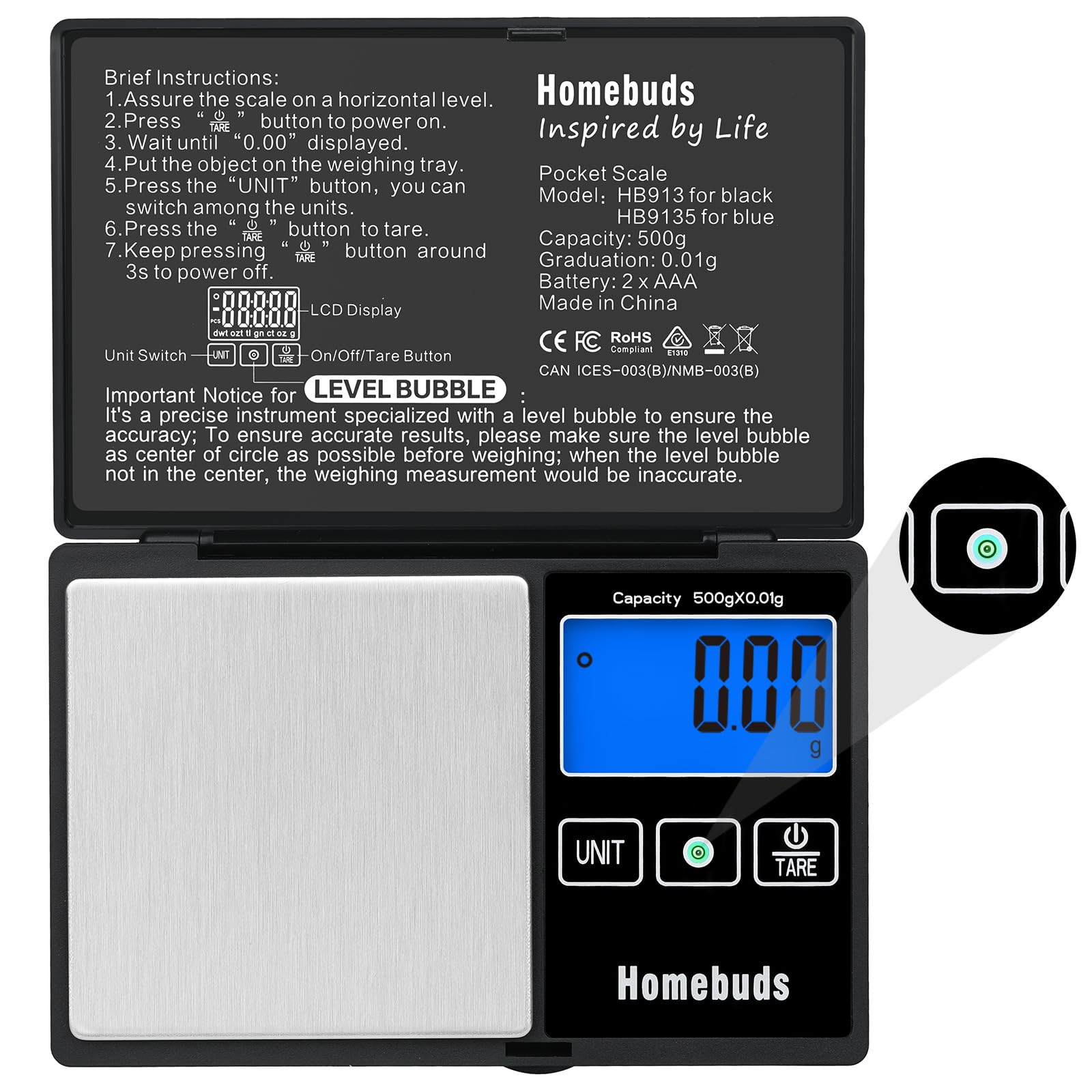 Báscula digital de gramo de 17.64 oz de alta precisión en 0.00 oz con nivel de burbuja, asegurada por una fábrica profesional de básculas de alimentos desde 2001, báscula de bolsillo para