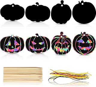Tenceur 120 Pieces Halloween Scratch Paper Kit Including 48 Rainbow Color Scratch Paper Pumpkin Scratch Paper 24 Stylus Scraper with 48 Colorful Cords for Kids Adults Crafts Making